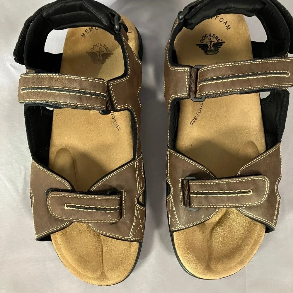 Dockers‎ Mens 13W Brown Leather Fusion Footbed Memory Foam Strap Sandals